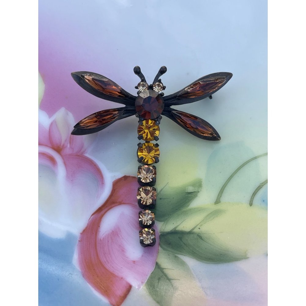 Vintage Brooch Articulated Dragonfly Brown Orange Rhinestones